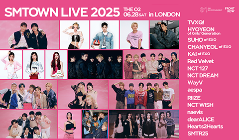 A promotional poster for SMTOWN LIVE 2025 in London at The O2, featuring multiple K-pop artists including TVXQ!, HYOYEON of Girls’ Generation, SUHO of EXO, CHANYEOL of EXO, KAI of EXO, Red Velvet, NCT 127, NCT DREAM, WayV, aespa, RIIZE, NCT WISH, naevis, dearALICE, Hearts2Hearts, and SMTR25. The poster has a pink background with photos of the artists.