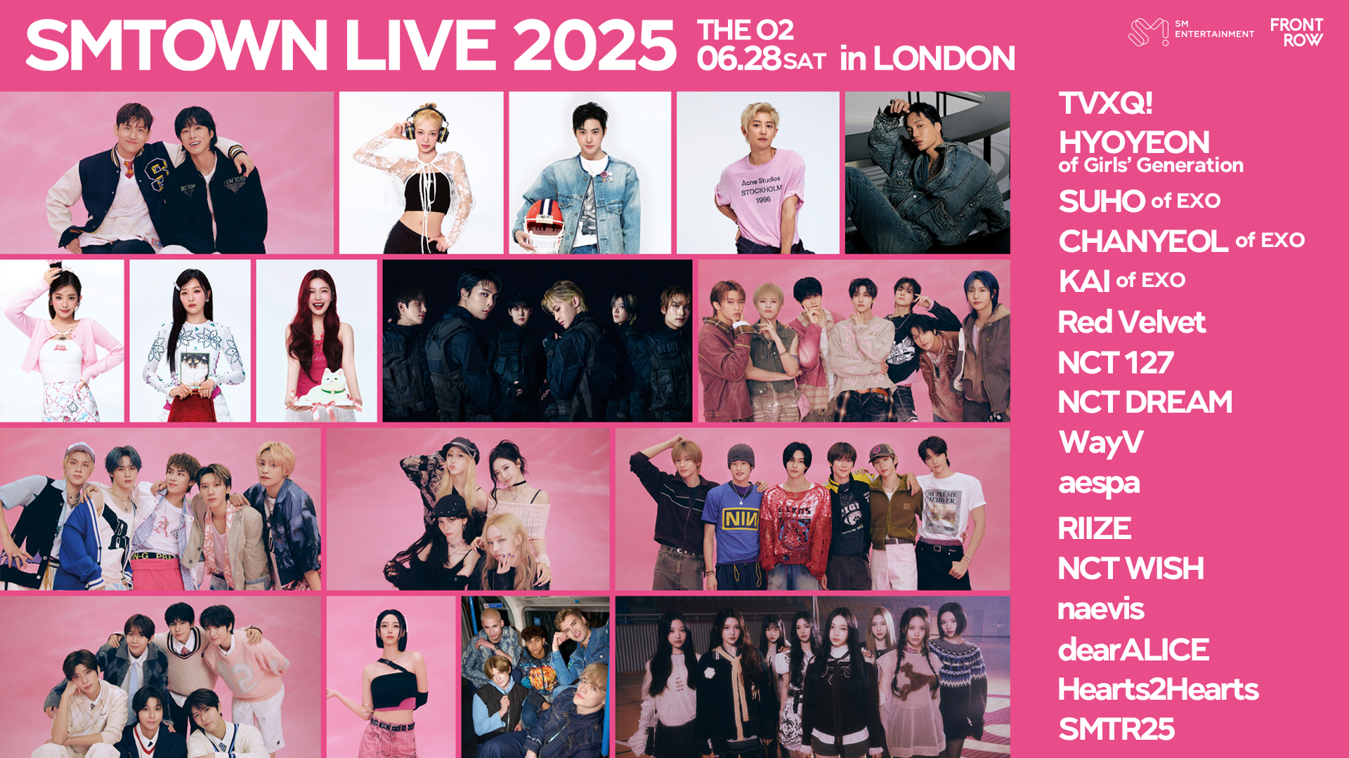A promotional poster for SMTOWN LIVE 2025 in London at The O2, featuring multiple K-pop artists including TVXQ!, HYOYEON of Girls’ Generation, SUHO of EXO, CHANYEOL of EXO, KAI of EXO, Red Velvet, NCT 127, NCT DREAM, WayV, aespa, RIIZE, NCT WISH, naevis, dearALICE, Hearts2Hearts, and SMTR25. The poster has a pink background with photos of the artists.