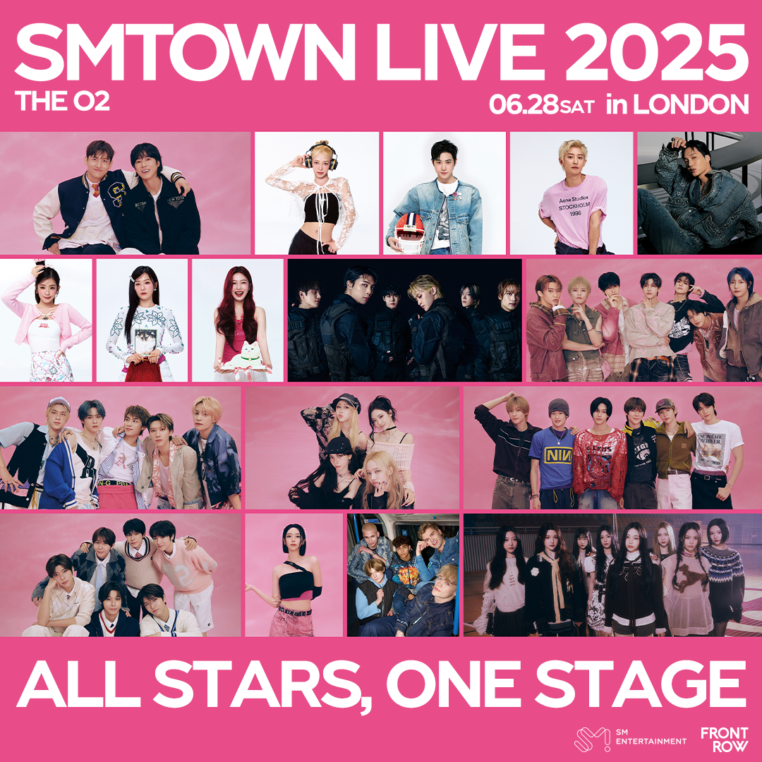 A promotional poster for SMTOWN LIVE 2025 in London at The O2, featuring multiple K-pop artists including TVXQ!, HYOYEON of Girls’ Generation, SUHO of EXO, CHANYEOL of EXO, KAI of EXO, Red Velvet, NCT 127, NCT DREAM, WayV, aespa, RIIZE, NCT WISH, naevis, dearALICE, Hearts2Hearts, and SMTR25. The poster has a pink background with photos of the artists.