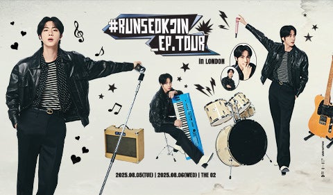 Promotional poster for the “#RUNSEOKJIN EP. TOUR in London” featuring multiple images of Jin in a black leather jacket and striped shirt, posing with musical instruments like a keyboard, drum set, and guitar.The bacground includes musical notes, stars, and heart graphics.