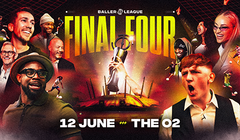 Promotional poster for the Baller League “Final Four” event featuring various presenters and players, with a glowing trophy held above The O2