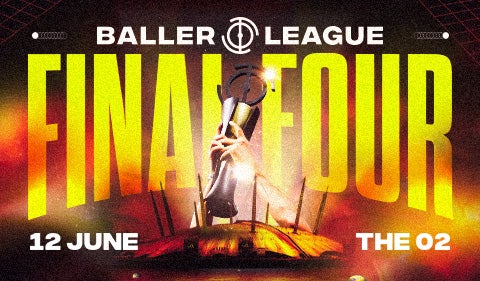 Promotional poster for the Baller League “Final Four” event featuring various presenters and players, with a glowing trophy held above The O2