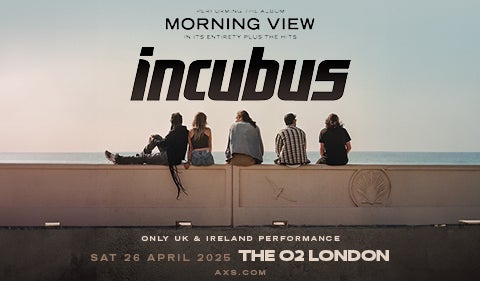 Promotional poster for Incubus' "Morning View" concert at The O2 London. Features a photo of the band sitting on a seaside wall, looking at the ocean.