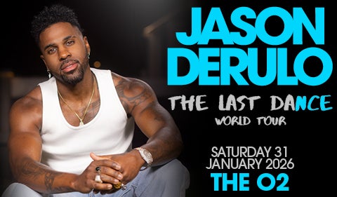 Concert poster for Jason Derulo's "The Last Dance World Tour," featuring a portrait of the artist in a white tank top