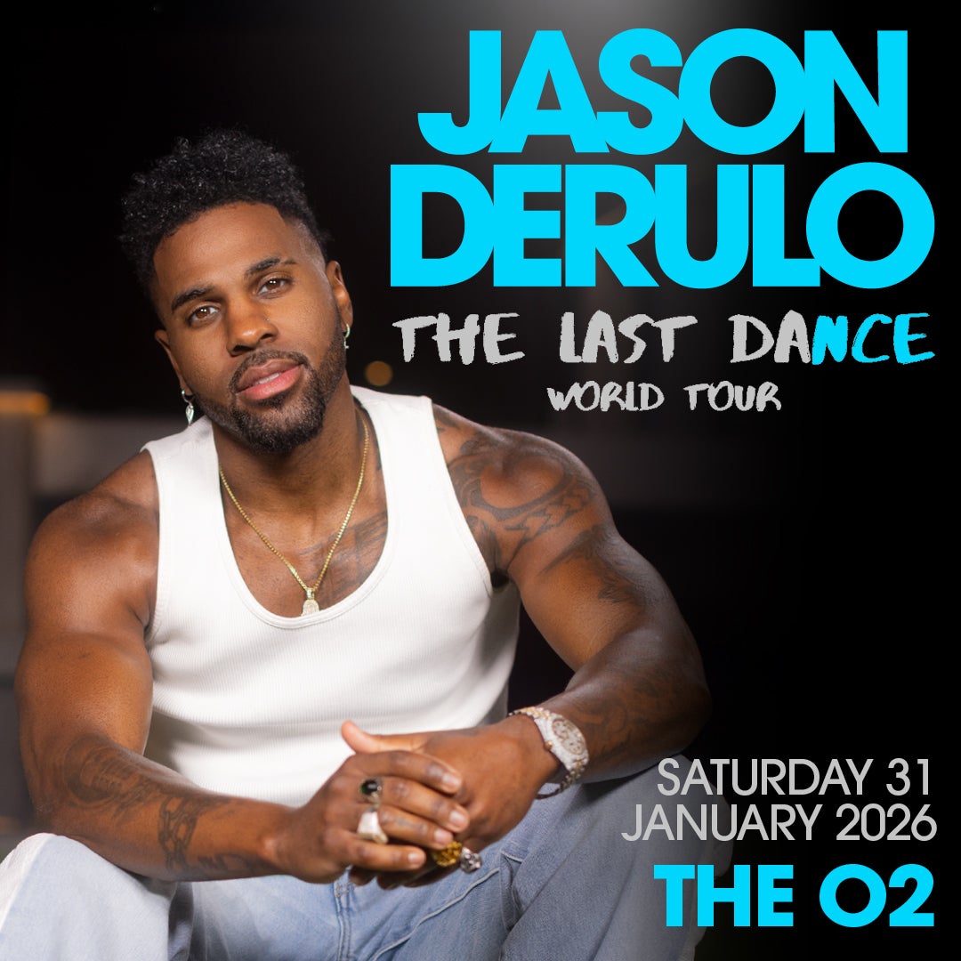 Concert poster for Jason Derulo's "The Last Dance World Tour," featuring a portrait of the artist in a white tank top