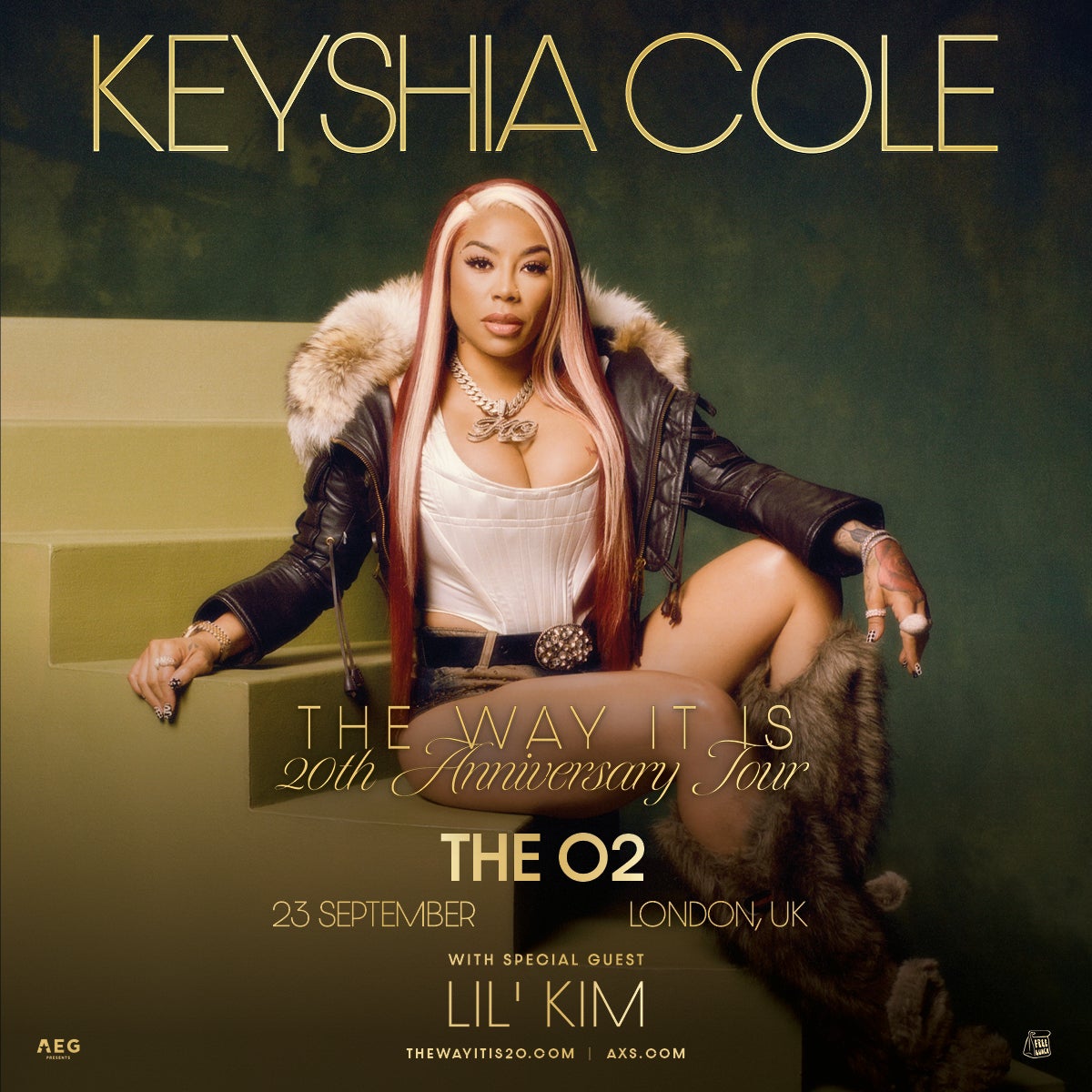 Promotional poster for Keyshia Cole’s “The Way It Is 20th Anniversary Tour,” featuring a photo of Keyshia seated on green steps wearing a fur-trimmed jacket and boots.