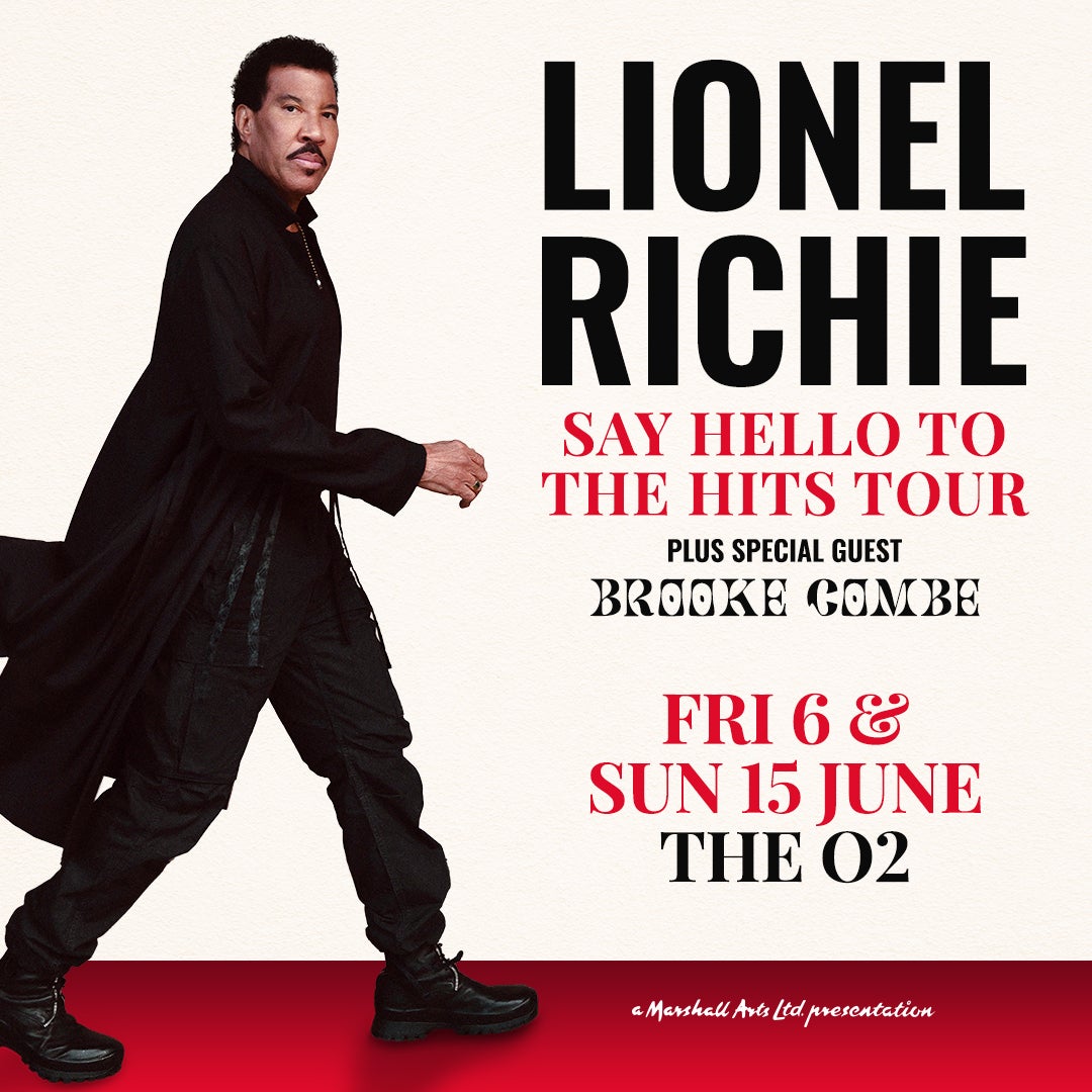 Promotional banner for Lionel Richie's 'Say Hello to the Hits Tour' featuring a stylish image of Lionel Richie in a flowing black coat.
