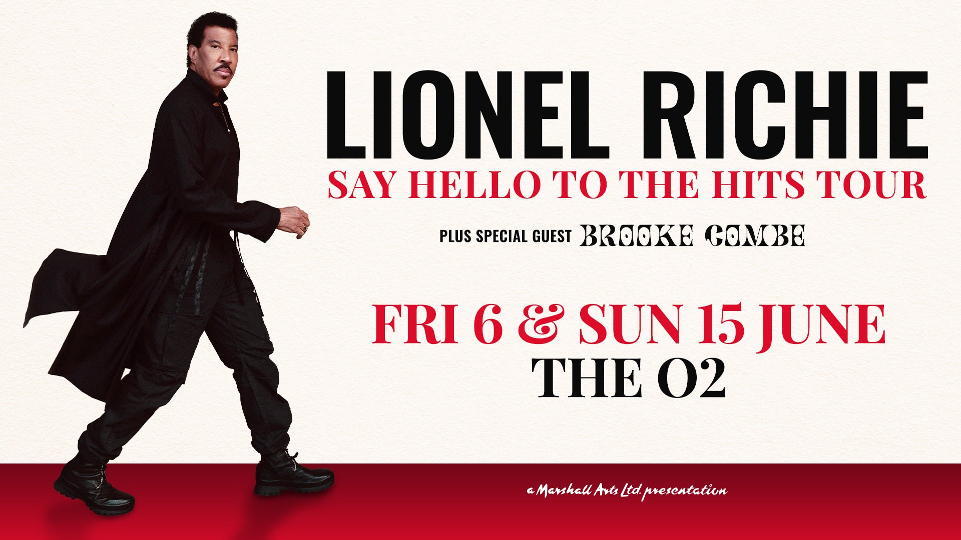 Promotional banner for Lionel Richie's 'Say Hello to the Hits Tour' featuring a stylish image of Lionel Richie in a flowing black coat.