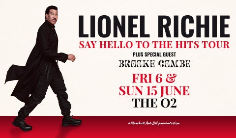 Promotional banner for Lionel Richie's 'Say Hello to the Hits Tour' featuring a stylish image of Lionel Richie in a flowing black coat.