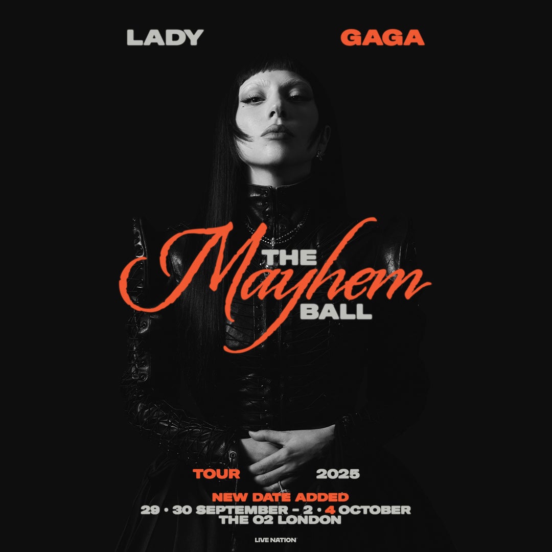Concert poster for Lady Gaga's 'The Mayhem Ball' Tour 2025. The black-and-white image features Lady Gaga in a gothic-inspired outfit with bold, orange and grey typography on a dark background, creating a dramatic and intense aesthetic.