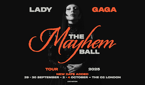 Concert poster for Lady Gaga's 'The Mayhem Ball' Tour 2025. The black-and-white image features Lady Gaga in a gothic-inspired outfit with bold, orange and grey typography on a dark background, creating a dramatic and intense aesthetic.