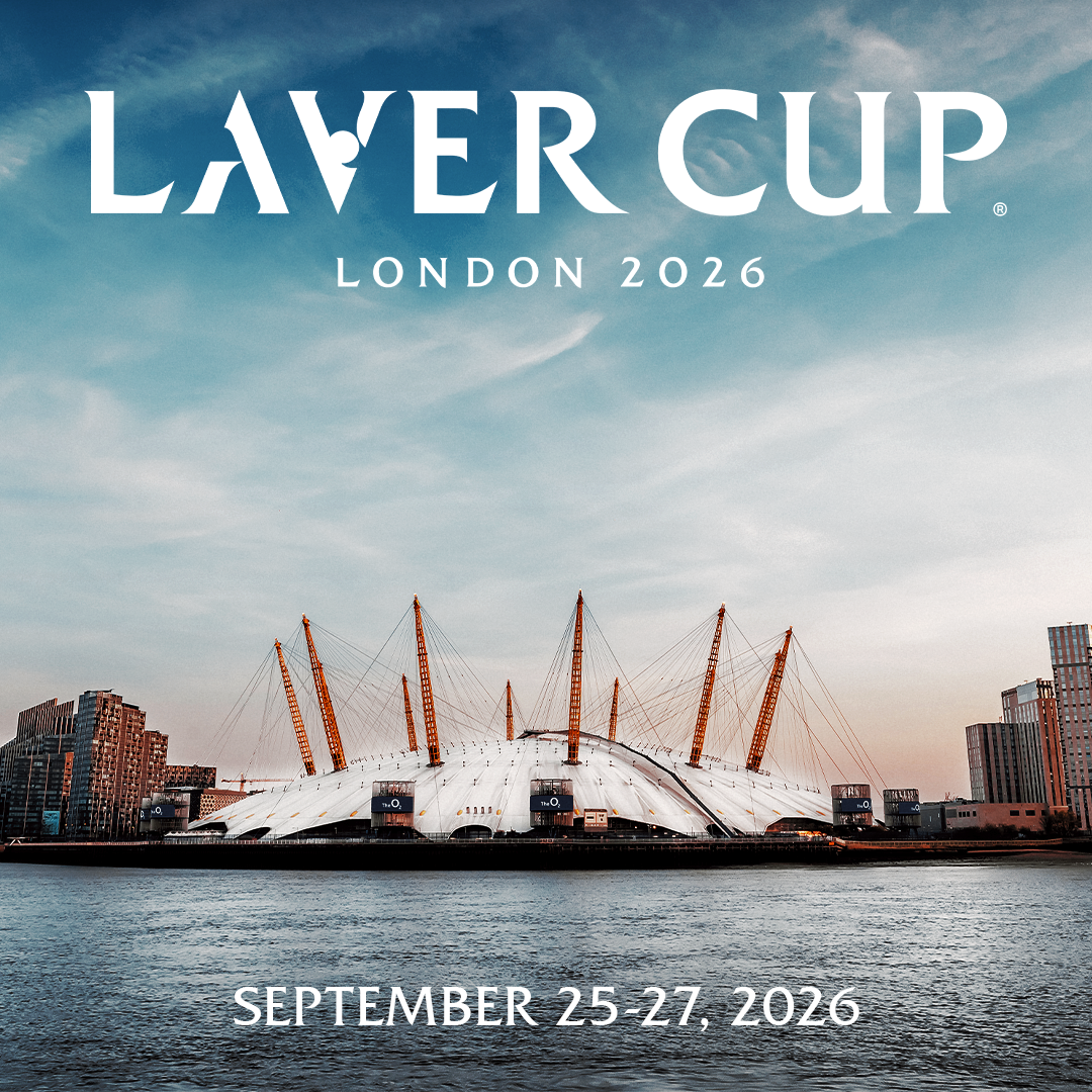 Promotional image for the Laver Cup London 2026, featuring The O2 across the River Thames at sunset