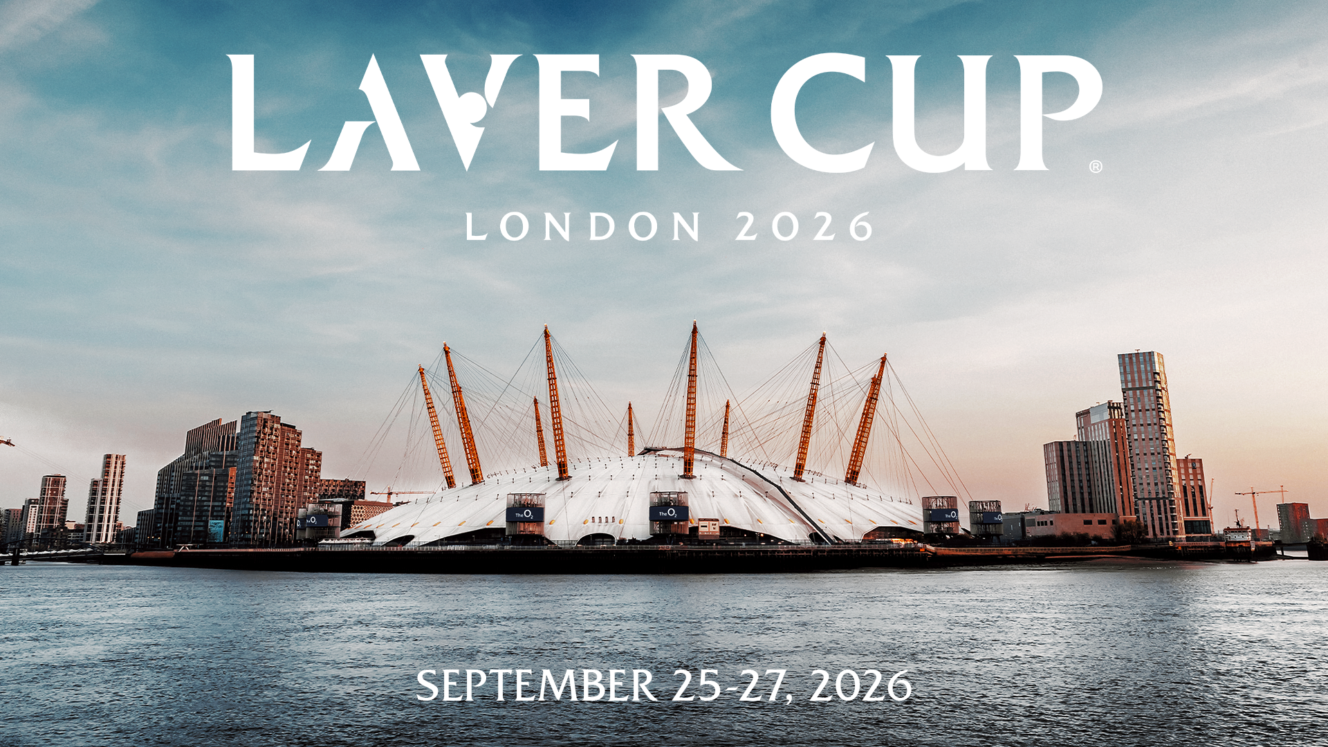 Promotional image for the Laver Cup London 2026, featuring The O2 across the River Thames at sunset