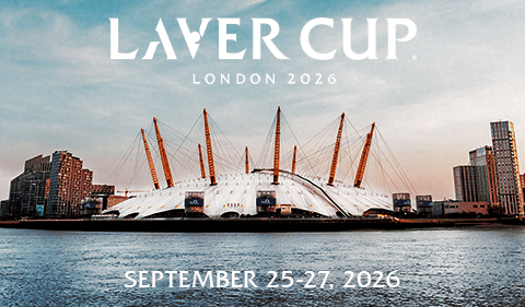 Promotional image for the Laver Cup London 2026, featuring The O2 across the River Thames at sunset