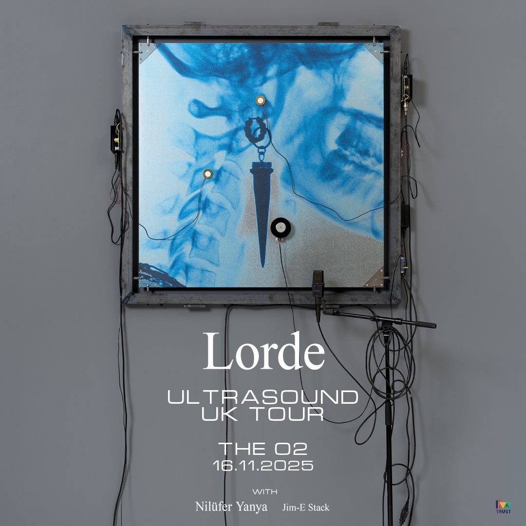 Promotional poster for Lorde's "Ultrasound UK Tour" at The O2, featuring a stylized medical scan artwork with exposed wiring