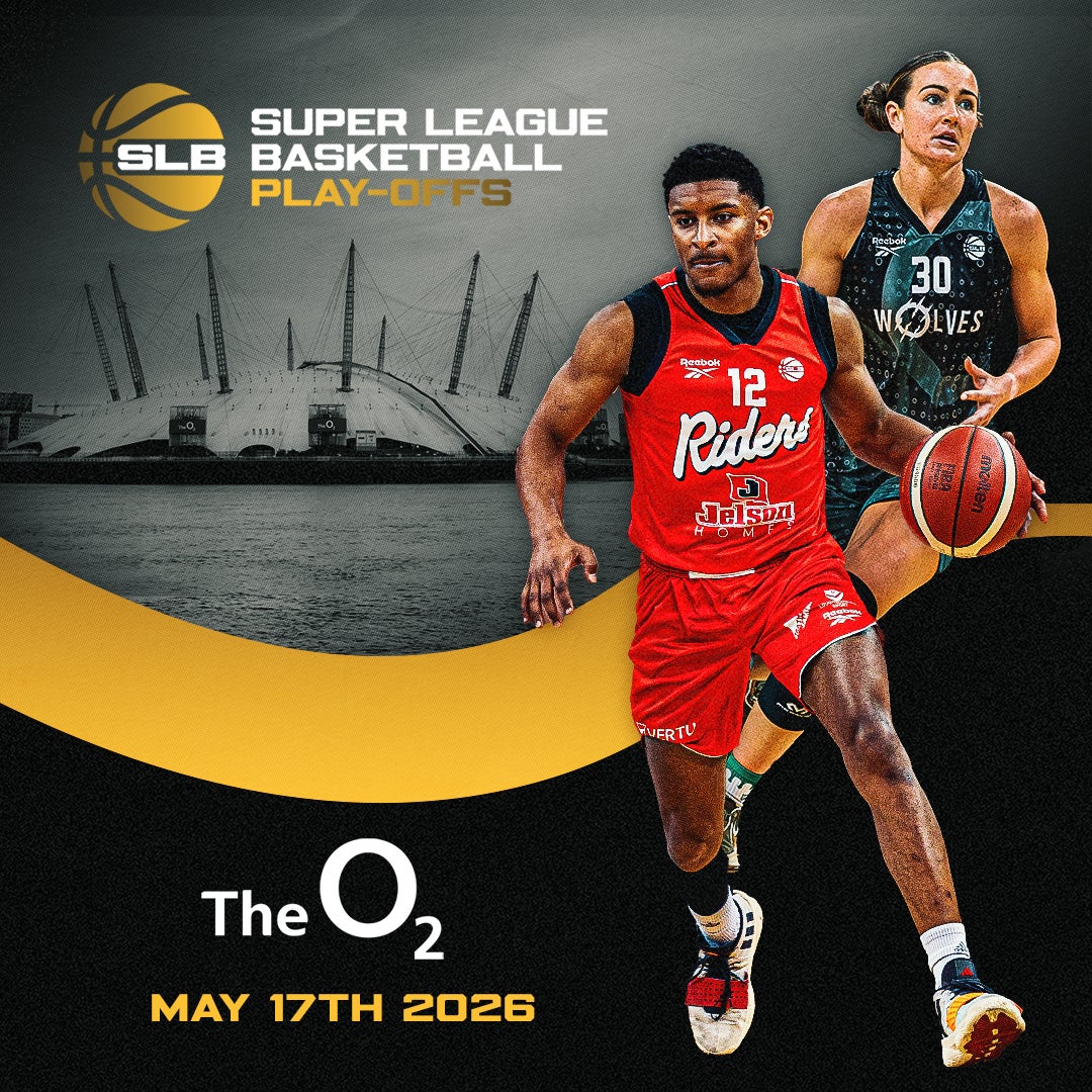 Promotional image for the Super League Basketball Play-Offs at The O2, featuring a male player in a red “Riders” uniform and a female player in a dark green “Wolves” uniform