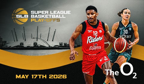 Promotional image for the Super League Basketball Play-Offs at The O2, featuring a male player in a red “Riders” uniform and a female player in a dark green “Wolves” uniform