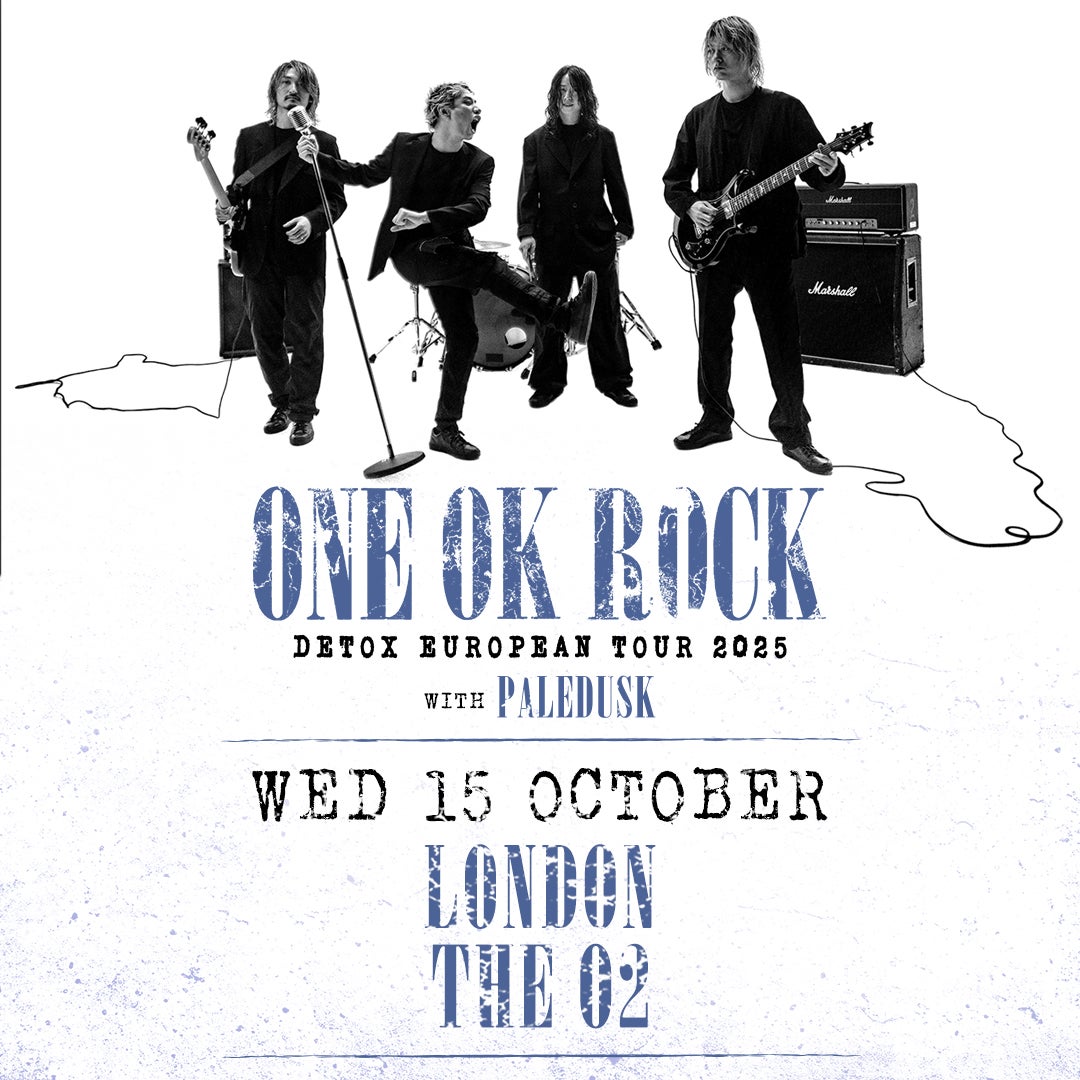 Tour poster for ONE OK ROCK's 'Detox European Tour 2025,' featuring the band in black outfits against a white background.
