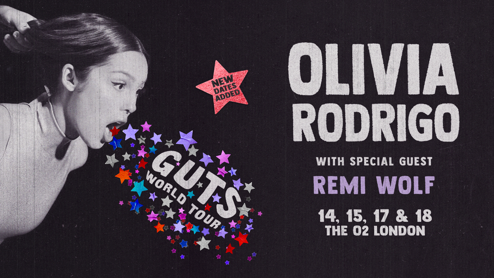 Event poster for Olivia Rodrigo's concert featuring special guest Remi Wolf at The O2 on 14, 15, 17, and 18, with a visually striking design of stars and bold text.