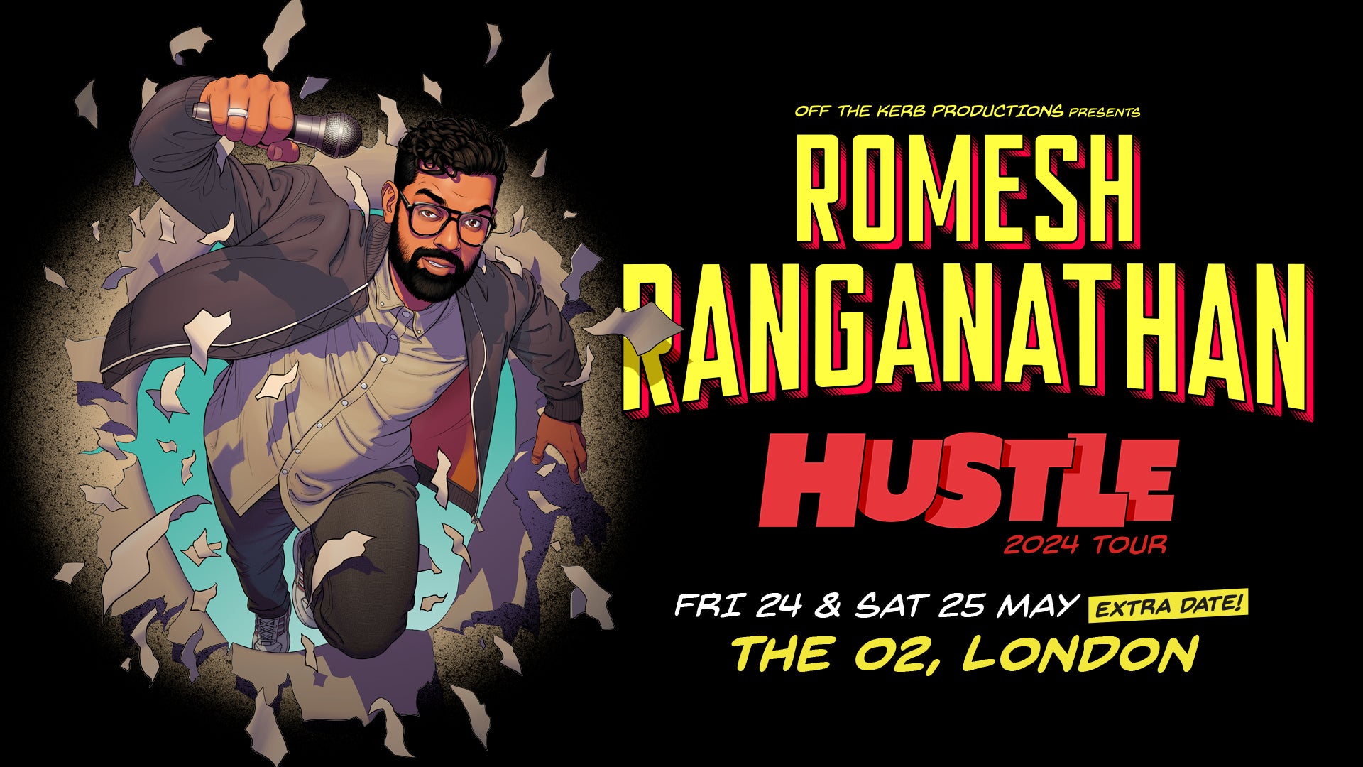  A colorful event poster featuring a comic-style illustration of Romesh Ranganathan breaking through a wall, for his 