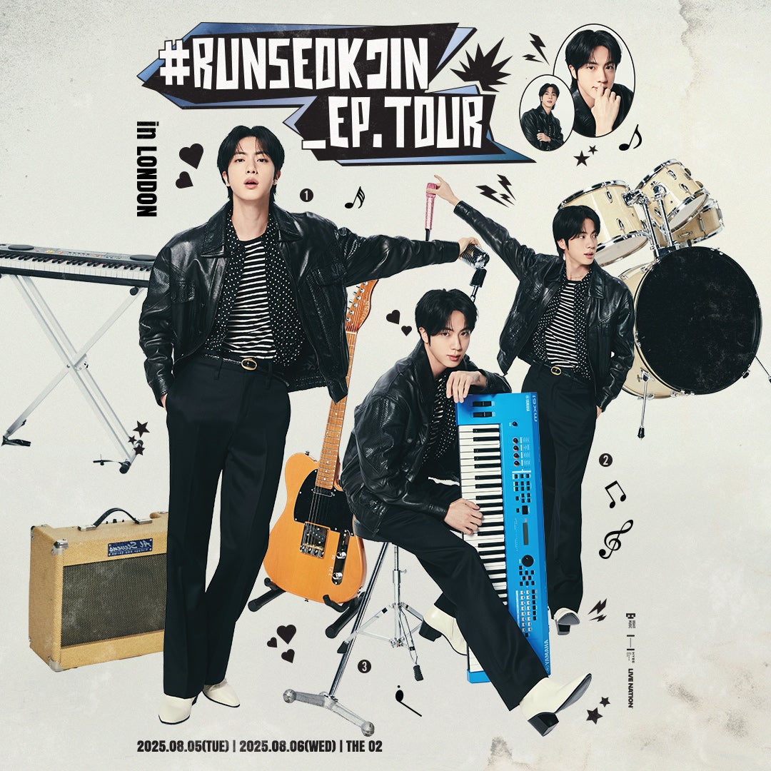 Promotional poster for the “#RUNSEOKJIN EP. TOUR in London” featuring multiple images of Jin in a black leather jacket and striped shirt, posing with musical instruments like a keyboard, drum set, and guitar.The bacground includes musical notes, stars, and heart graphics.
