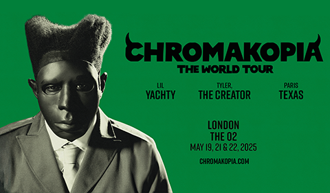 Concert poster for "Chromakopia: The World Tour," featuring a stylized black-and-white image of a person in a mask and suit against a green background.