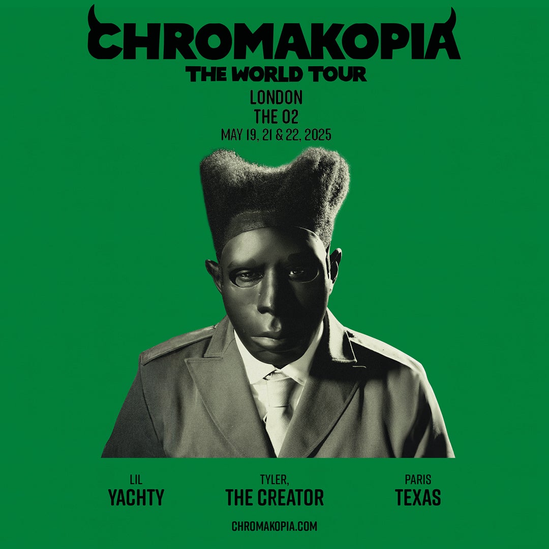 Concert poster for "Chromakopia: The World Tour," featuring a stylized black-and-white image of a person in a mask and suit against a green background.
