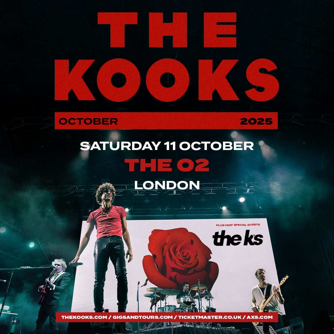 Concert poster for The Kooks' 2025 UK Tour, featuring the band performing on stage with a large red rose graphic in the background.