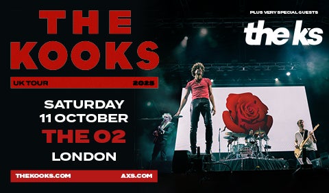 Concert poster for The Kooks' 2025 UK Tour, featuring the band performing on stage with a large red rose graphic in the background.