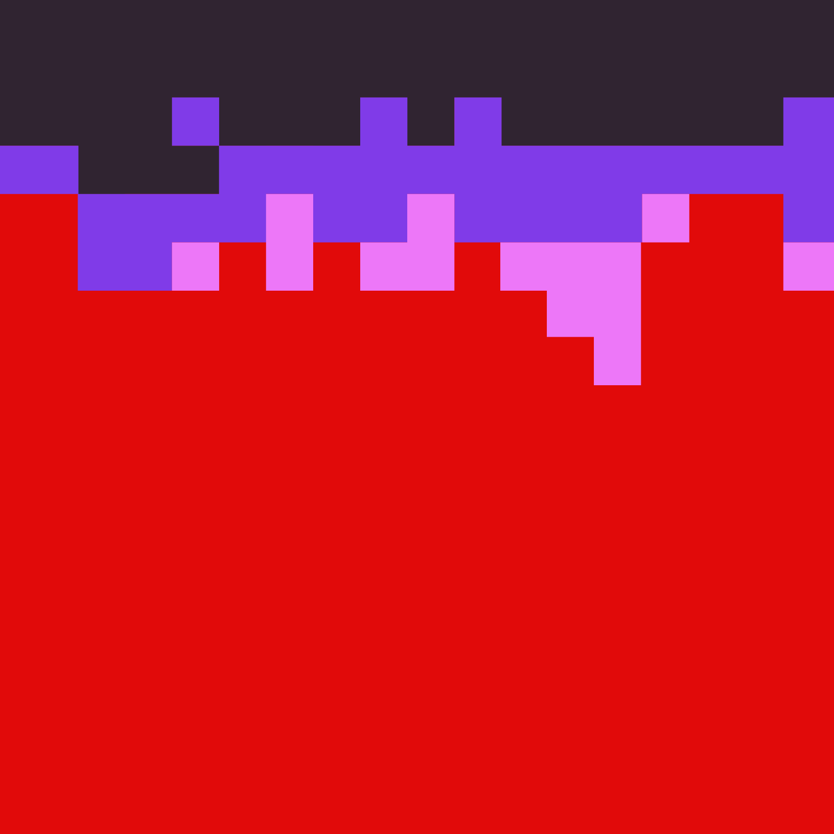 Red pixelated background transitioning to pink, purple and black