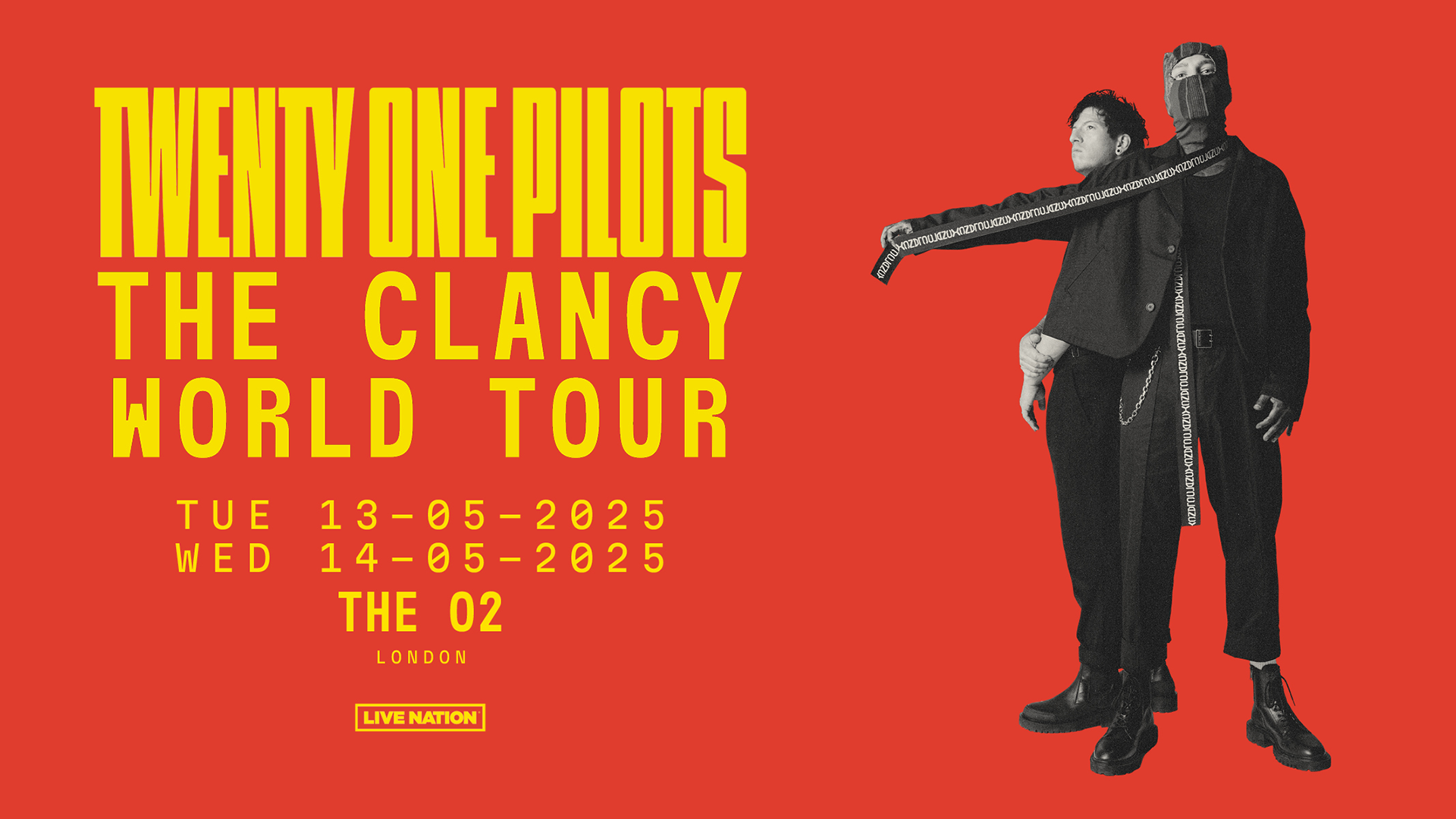 Twenty Pilots Tour Artwork with red background and yellow text and image of the band