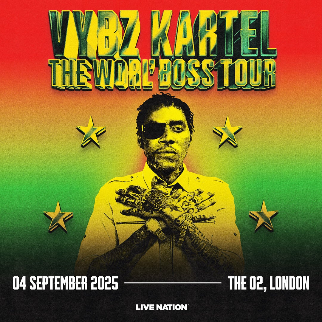 Concert poster for Vybz Kartel's "The Worl' Boss Tour," featuring a split-tone portrait of the artist over a red, yellow, and green gradient background with gold stars