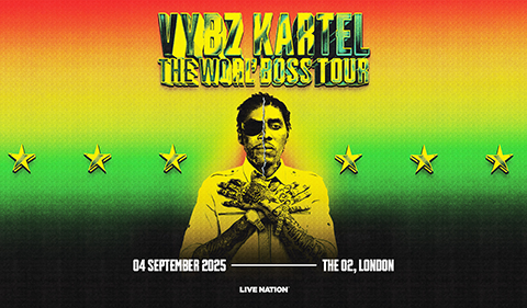Concert poster for Vybz Kartel's "The Worl' Boss Tour," featuring a split-tone portrait of the artist over a red, yellow, and green gradient background with gold stars