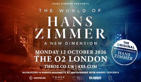 Concert poster for 'The World of Hans Zimmer: A New Dimension,' featuring a cinematic background with warm and cool lighting.