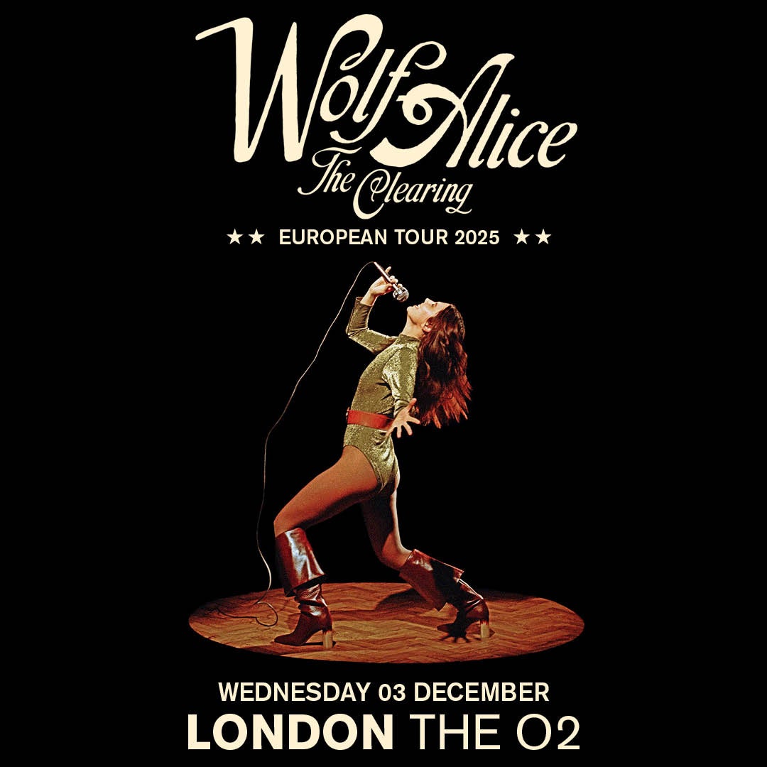Tour poster for Wolf Alice's "The Clearing" European Tour 2025, featuring a dynamic, vintage-style image of a performer in a metallic bodysuit and red boots leaning back while singing passionately into a microphone