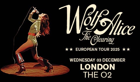 Tour poster for Wolf Alice's "The Clearing" European Tour 2025, featuring a dynamic, vintage-style image of a performer in a metallic bodysuit and red boots leaning back while singing passionately into a microphone