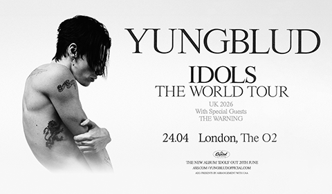 Black and white promotional image for YUNGBLUD's "IDOLS" World Tour 2026, featuring a shirtless YUNGBLUD on the left and tour details on the right